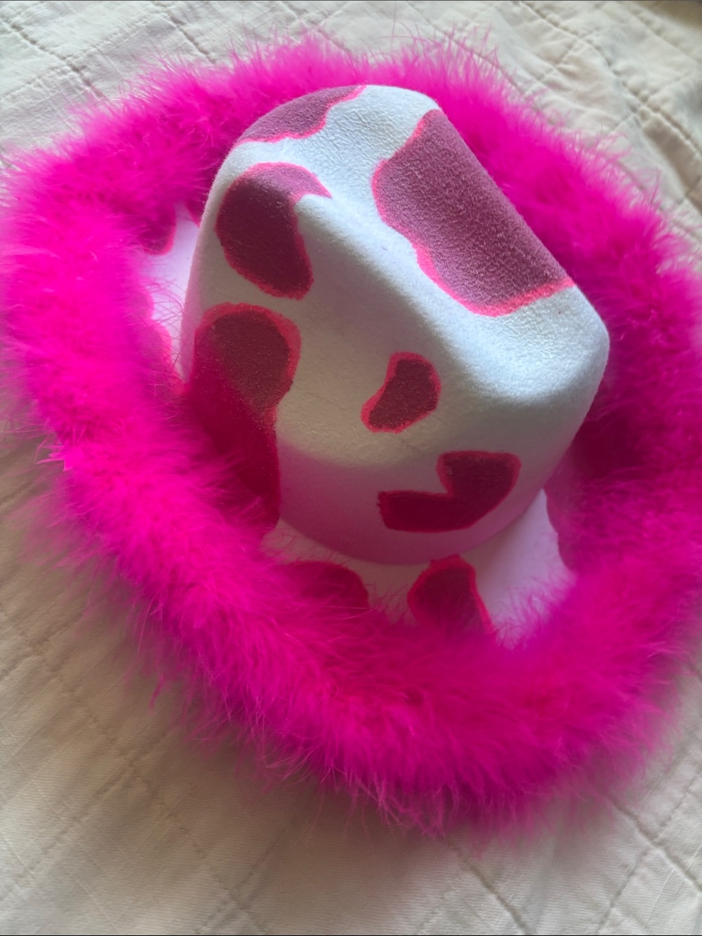 White Felt Hat with Hot Pink Cow Spots and Fluffy Hot Pink Trim